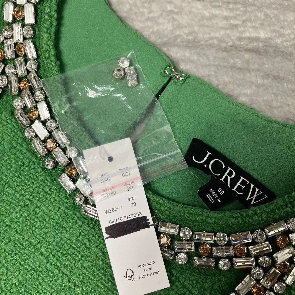J Crew Tweed Tank Womens 00 Green Embellished Rhinestone Sleeveless CQ189